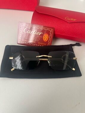 Cartier Rimless Sunglasses in Black and Gold with Signature Panthère Detail